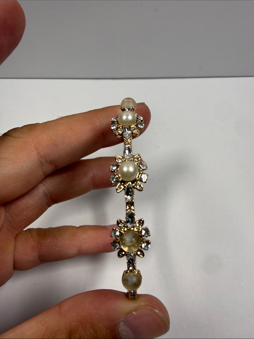 Gold-Tone Pearl Floral Bangle Bracelet